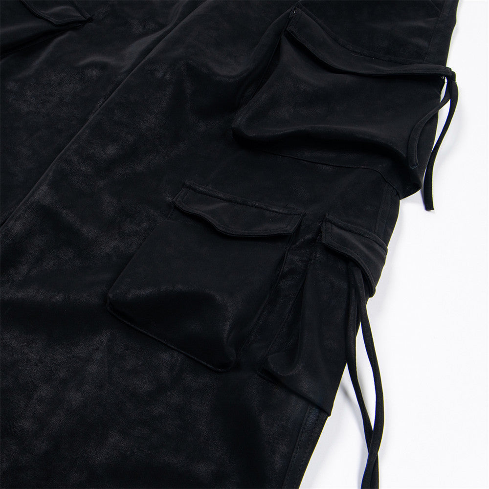 American Style Hip Hop Multi-pocket Workwear Leather Pants Men And Women