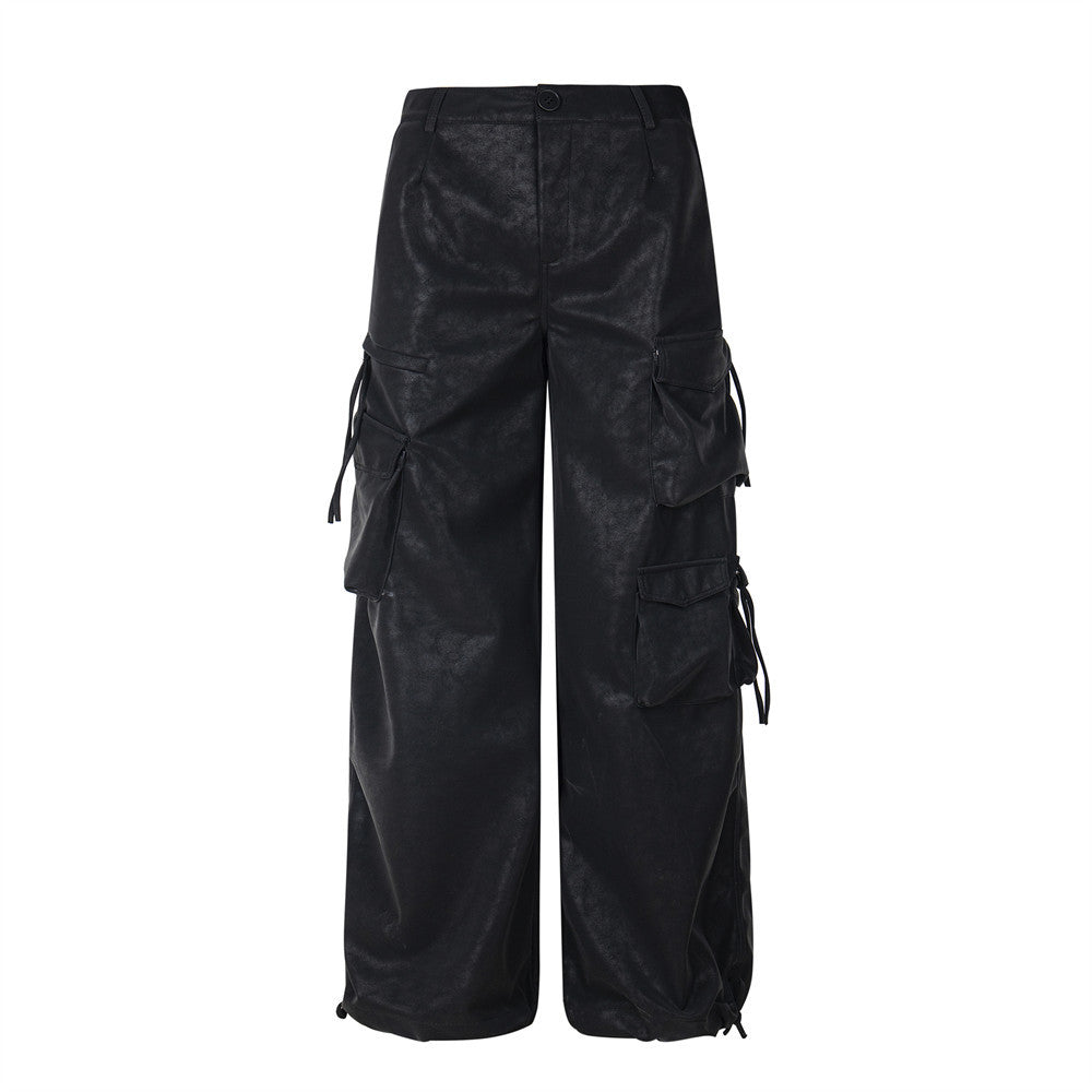 American Style Hip Hop Multi-pocket Workwear Leather Pants Men And Women