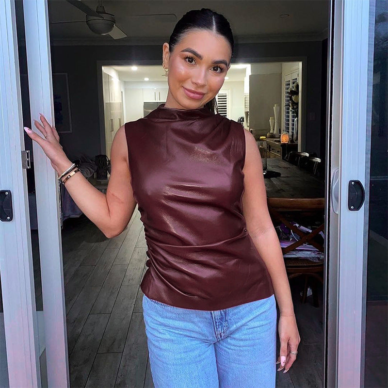 Leather Cascading Waist Slant Sleeveless Top Women's Vest