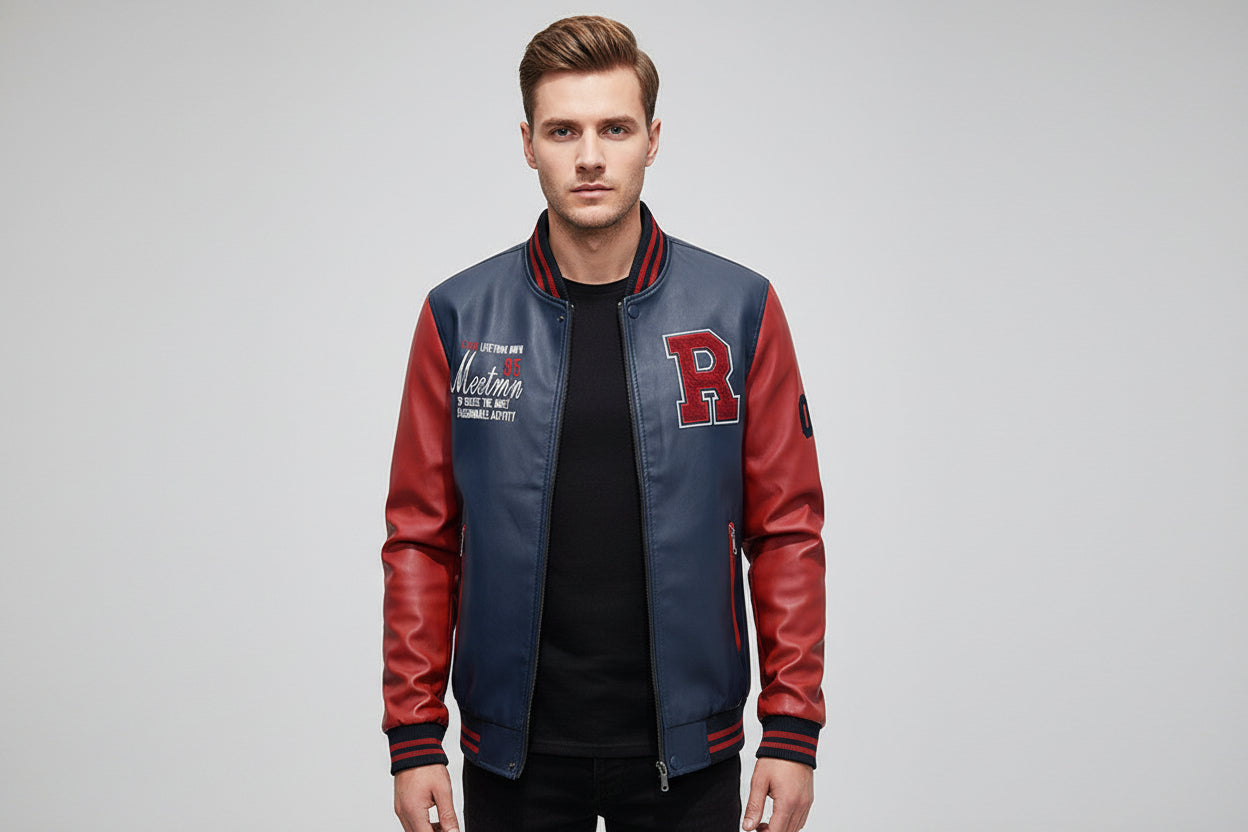 Blue and red leather jacket with text and letter 'R' on a white background
