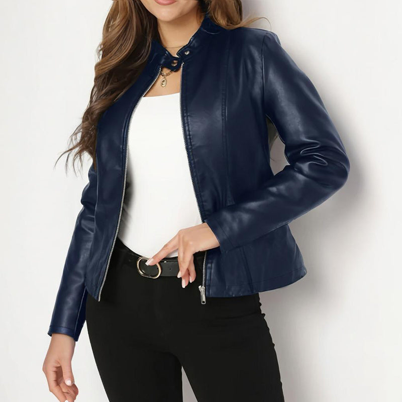 Long Sleeve Stand Collar Faux Leather Blazer