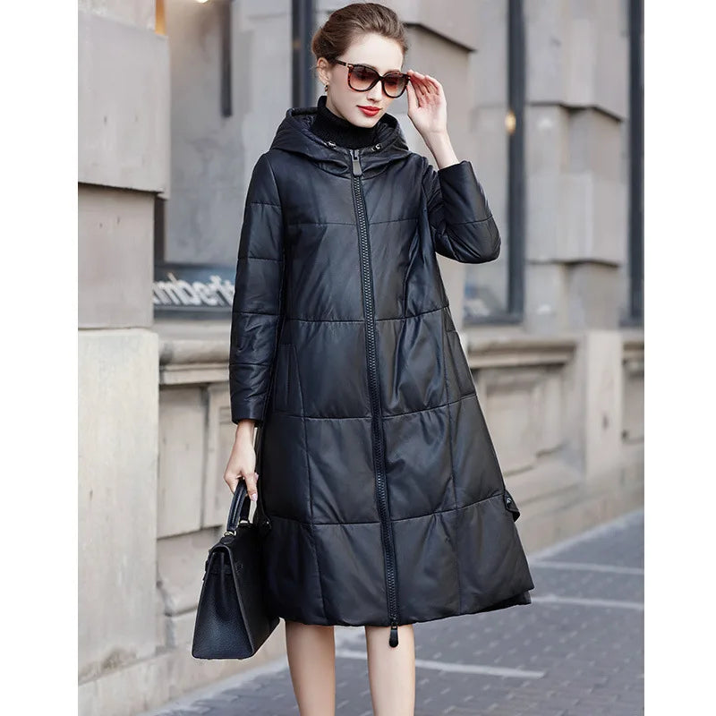 Women's Leather Coat, Hooded, Medium Length, Genuine Sheepskin, Thick Coat, Leather Outerwear, Casual Trench, Autumn, Winter