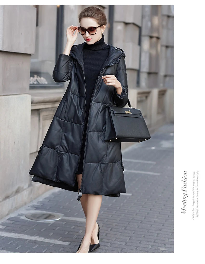 Women's Leather Coat, Hooded, Medium Length, Genuine Sheepskin, Thick Coat, Leather Outerwear, Casual Trench, Autumn, Winter