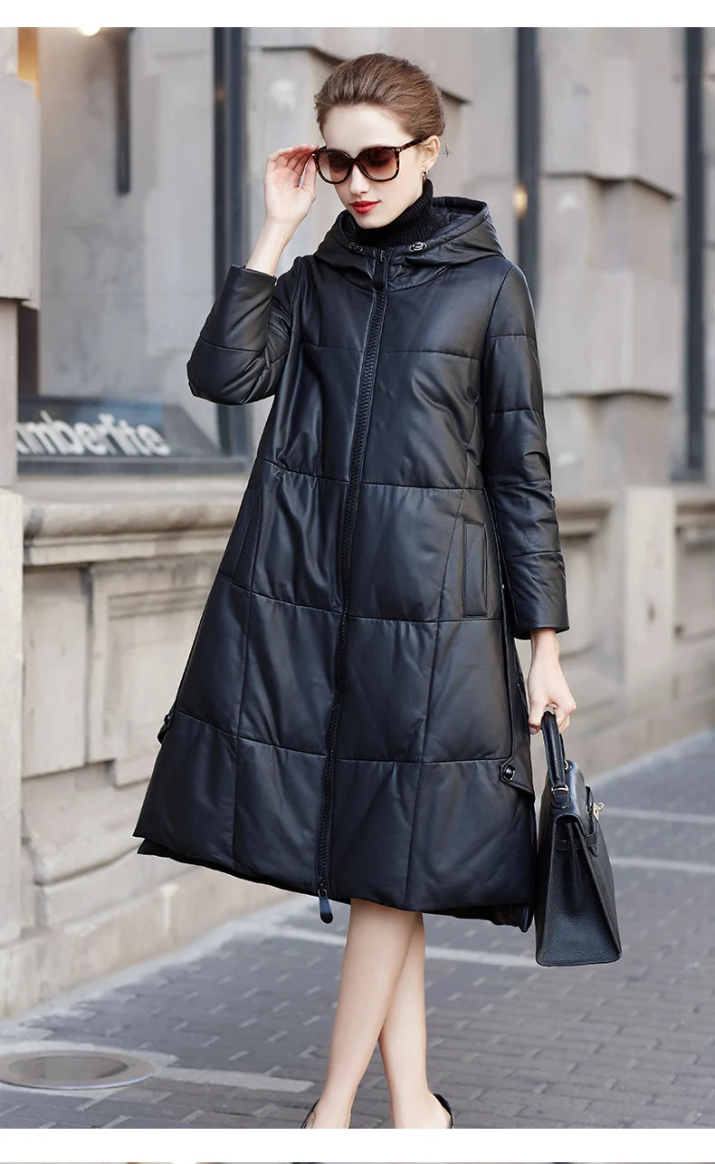 Women's Leather Coat, Hooded, Medium Length, Genuine Sheepskin, Thick Coat, Leather Outerwear, Casual Trench, Autumn, Winter