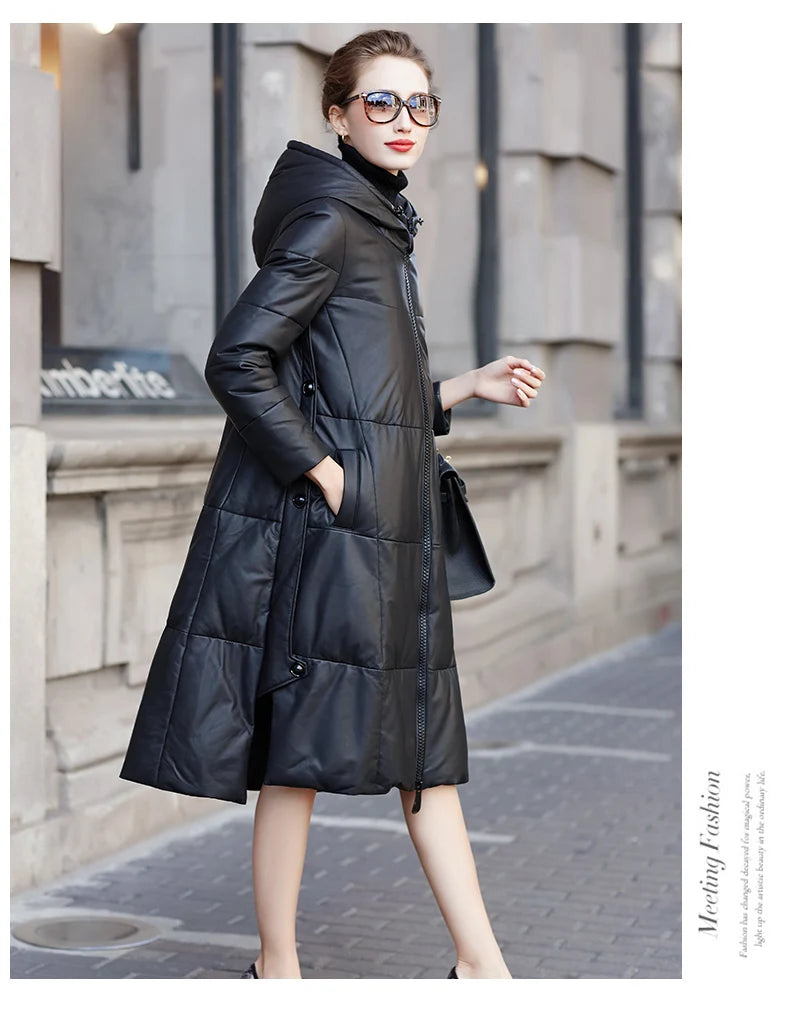 Women's Leather Coat, Hooded, Medium Length, Genuine Sheepskin, Thick Coat, Leather Outerwear, Casual Trench, Autumn, Winter