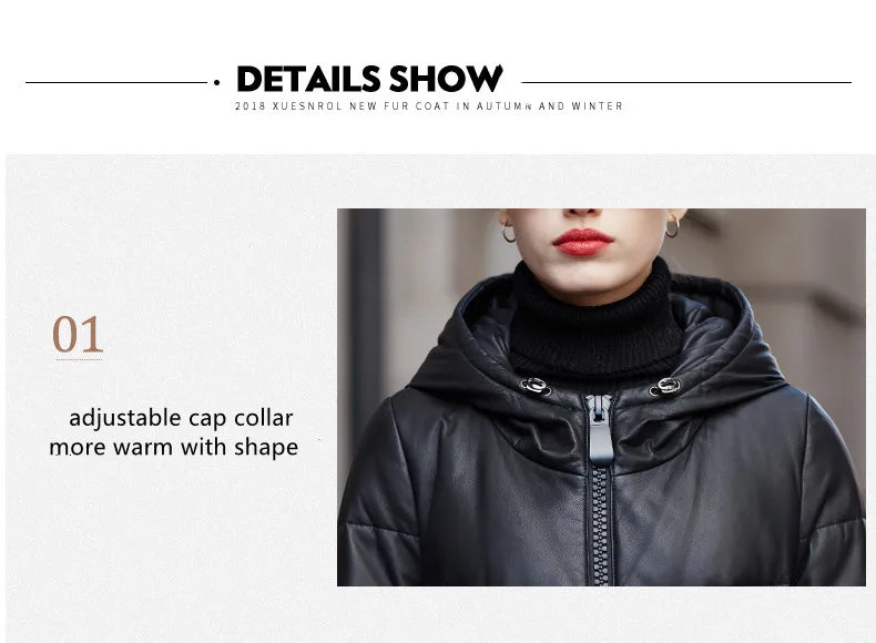 Women's Leather Coat, Hooded, Medium Length, Genuine Sheepskin, Thick Coat, Leather Outerwear, Casual Trench, Autumn, Winter