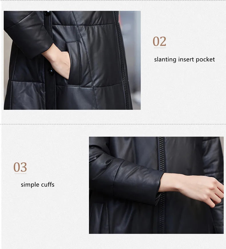 Women's Leather Coat, Hooded, Medium Length, Genuine Sheepskin, Thick Coat, Leather Outerwear, Casual Trench, Autumn, Winter