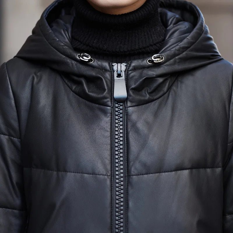 Women's Leather Coat, Hooded, Medium Length, Genuine Sheepskin, Thick Coat, Leather Outerwear, Casual Trench, Autumn, Winter