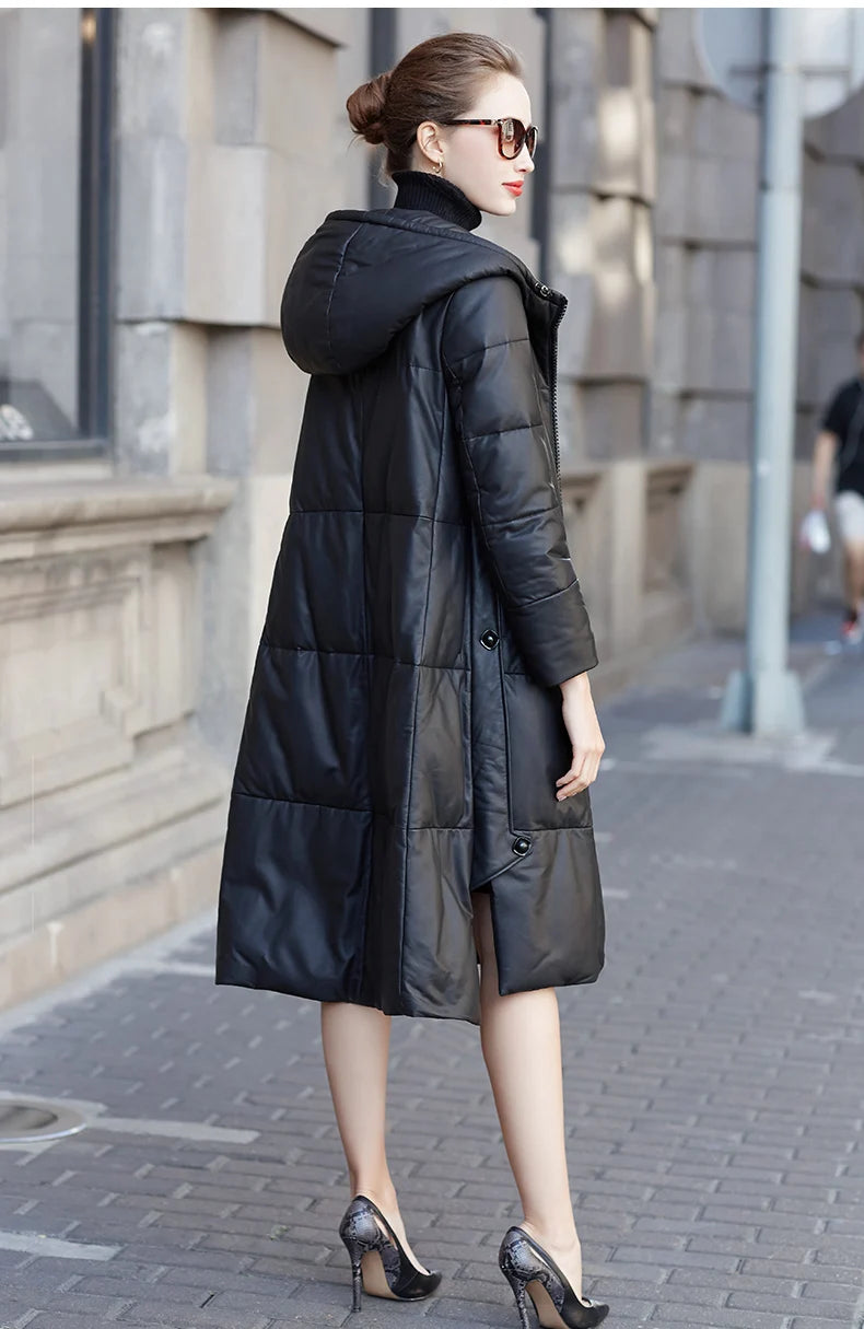 Women's Leather Coat, Hooded, Medium Length, Genuine Sheepskin, Thick Coat, Leather Outerwear, Casual Trench, Autumn, Winter