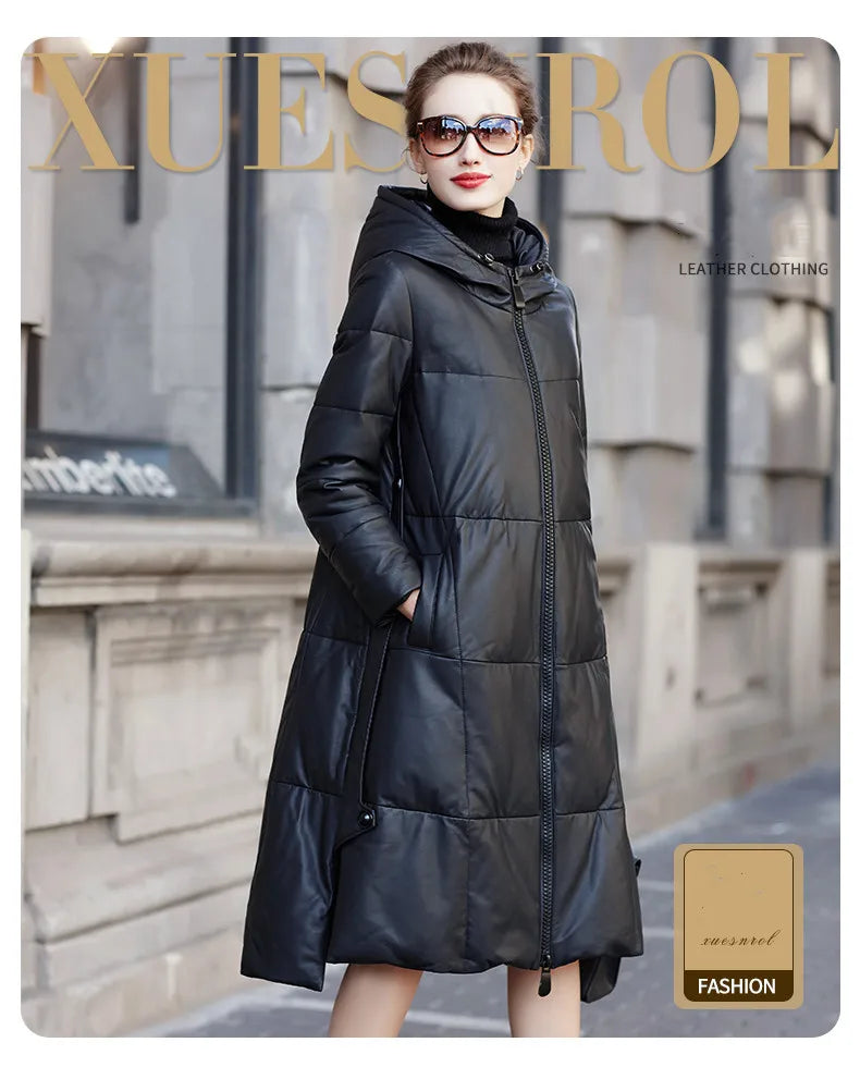 Women's Leather Coat, Hooded, Medium Length, Genuine Sheepskin, Thick Coat, Leather Outerwear, Casual Trench, Autumn, Winter