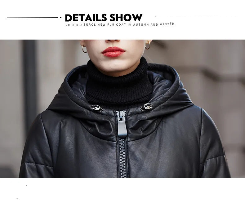 Women's Leather Coat, Hooded, Medium Length, Genuine Sheepskin, Thick Coat, Leather Outerwear, Casual Trench, Autumn, Winter