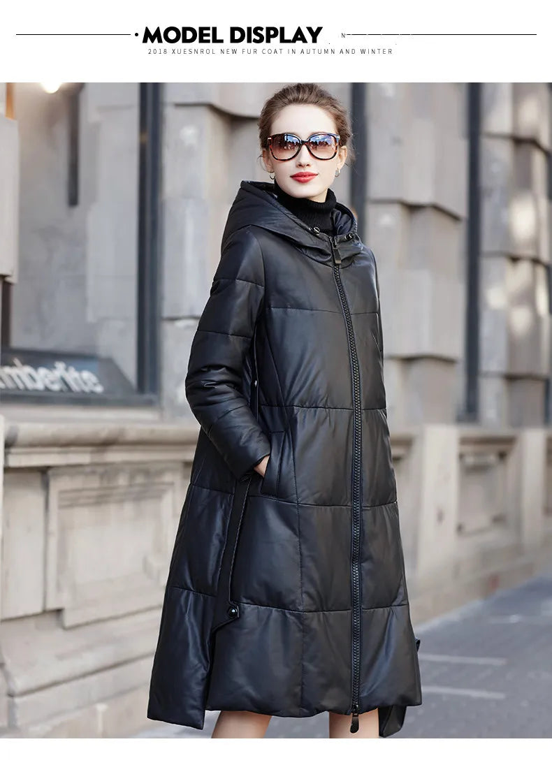 Women's Leather Coat, Hooded, Medium Length, Genuine Sheepskin, Thick Coat, Leather Outerwear, Casual Trench, Autumn, Winter