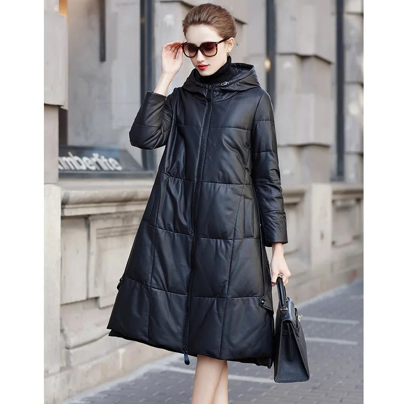 Women's Leather Coat, Hooded, Medium Length, Genuine Sheepskin, Thick Coat, Leather Outerwear, Casual Trench, Autumn, Winter