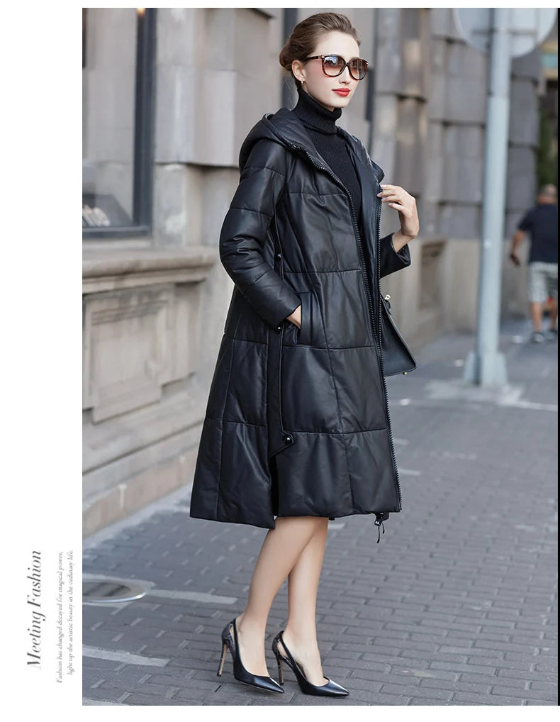Women's Leather Coat, Hooded, Medium Length, Genuine Sheepskin, Thick Coat, Leather Outerwear, Casual Trench, Autumn, Winter
