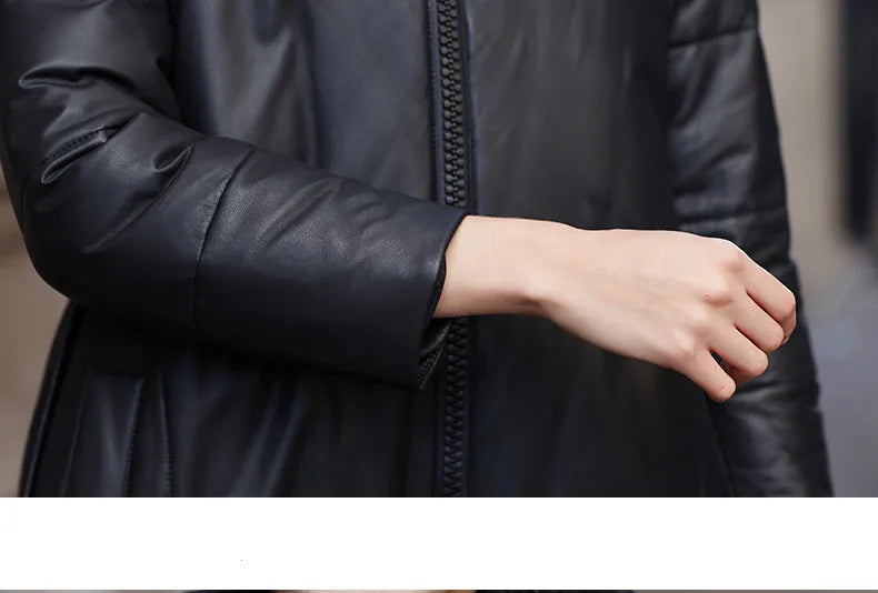 Women's Leather Coat, Hooded, Medium Length, Genuine Sheepskin, Thick Coat, Leather Outerwear, Casual Trench, Autumn, Winter