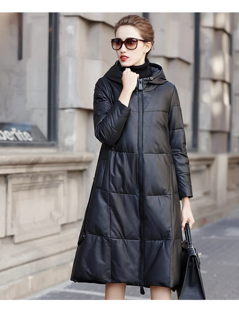 Women's Leather Coat, Hooded, Medium Length, Genuine Sheepskin, Thick Coat, Leather Outerwear, Casual Trench, Autumn, Winter