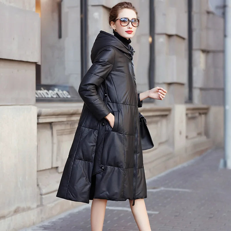 Women's Leather Coat, Hooded, Medium Length, Genuine Sheepskin, Thick Coat, Leather Outerwear, Casual Trench, Autumn, Winter