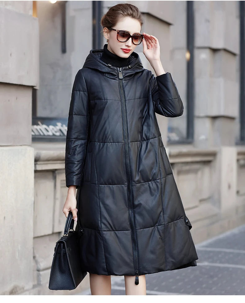 Women's Leather Coat, Hooded, Medium Length, Genuine Sheepskin, Thick Coat, Leather Outerwear, Casual Trench, Autumn, Winter