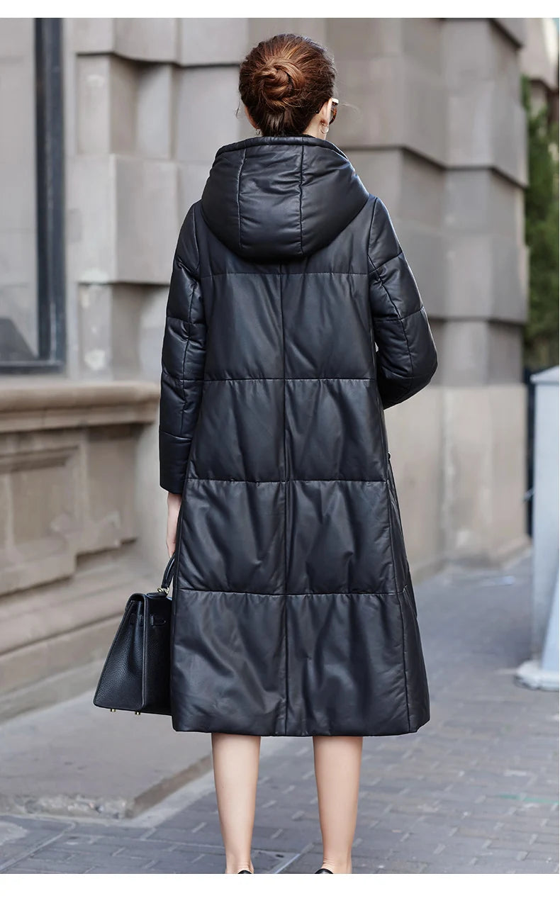 Women's Leather Coat, Hooded, Medium Length, Genuine Sheepskin, Thick Coat, Leather Outerwear, Casual Trench, Autumn, Winter