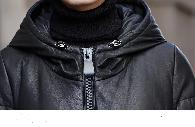 Women's Leather Coat, Hooded, Medium Length, Genuine Sheepskin, Thick Coat, Leather Outerwear, Casual Trench, Autumn, Winter