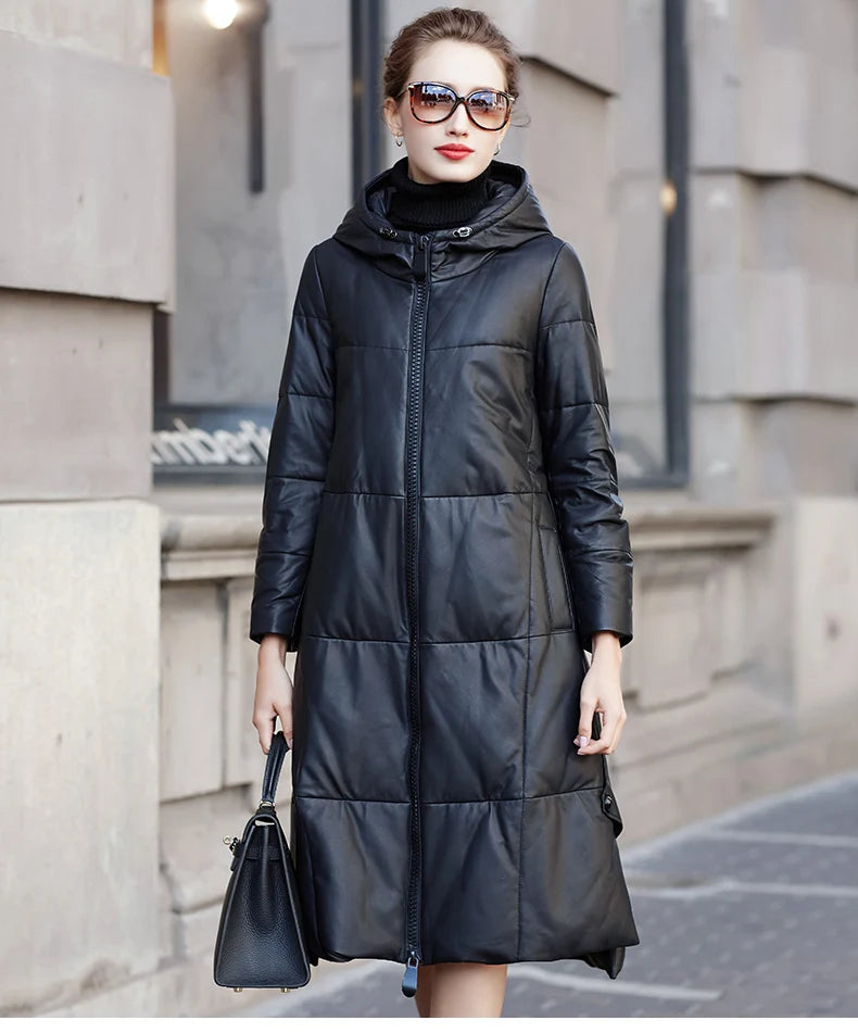 Women's Leather Coat, Hooded, Medium Length, Genuine Sheepskin, Thick Coat, Leather Outerwear, Casual Trench, Autumn, Winter