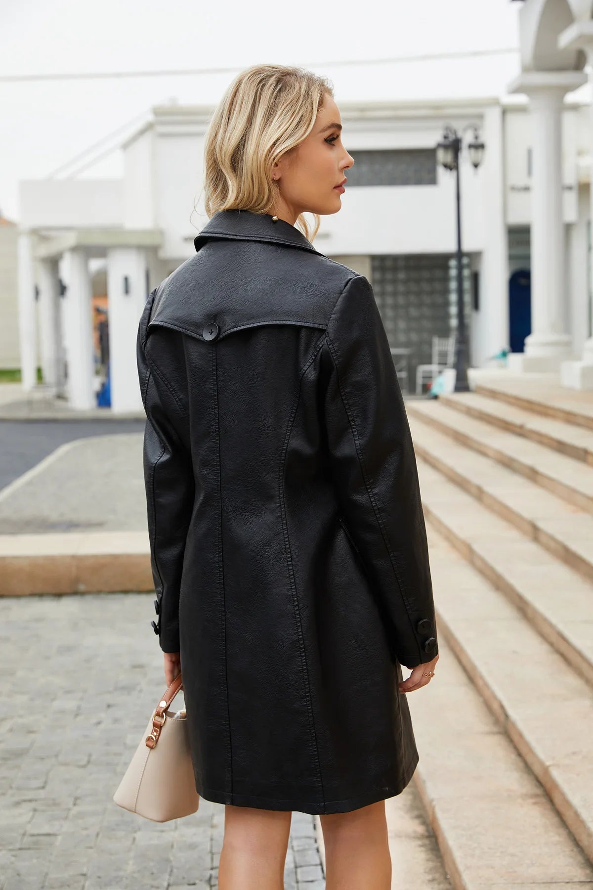 2025 New Long Leather Jacket Spring Long-sleeved Leather Trench Coat Fashionable British Jacket Women's Lapel Single-breasted