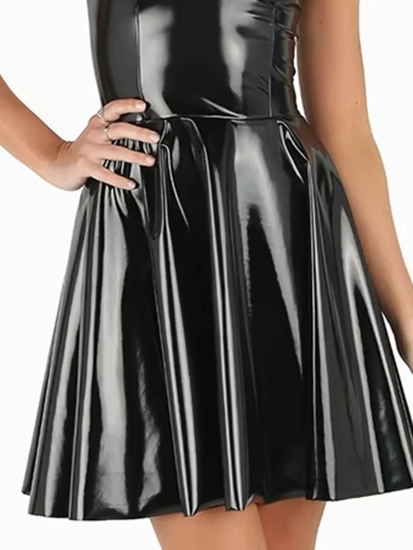 Women Glossy Black Faux Leather Plus Size Pleated Dresses Ladies Shiny PVC Fashion Dress 4XL 5XL 6XL New Hot Clothing