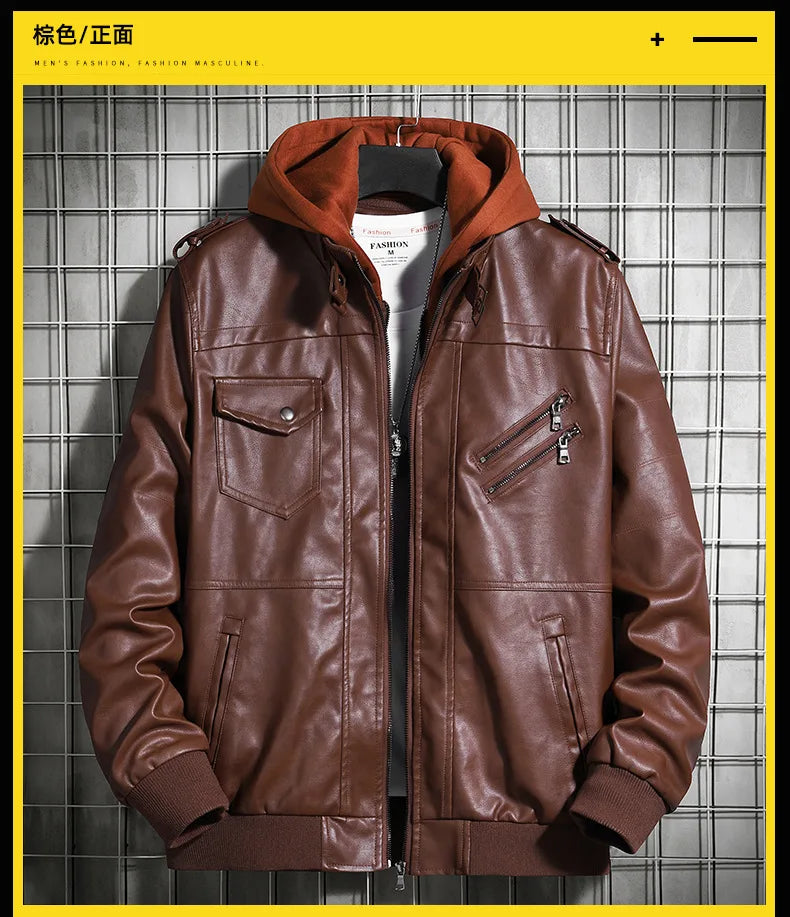 Hooded Leather Jacket Men's Jacket
