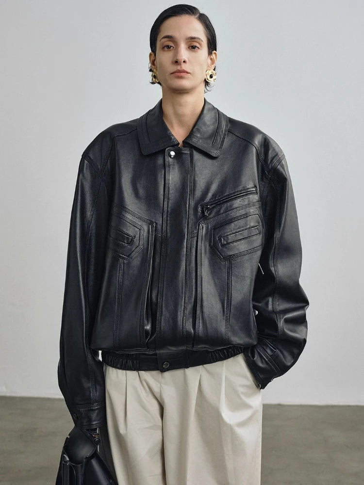 Vintage Genuine Leather Motorcycle Jackets for Women Spring Autumn 2026 New High-end Solid Simple Loose Soft Real Sheepskin Coat