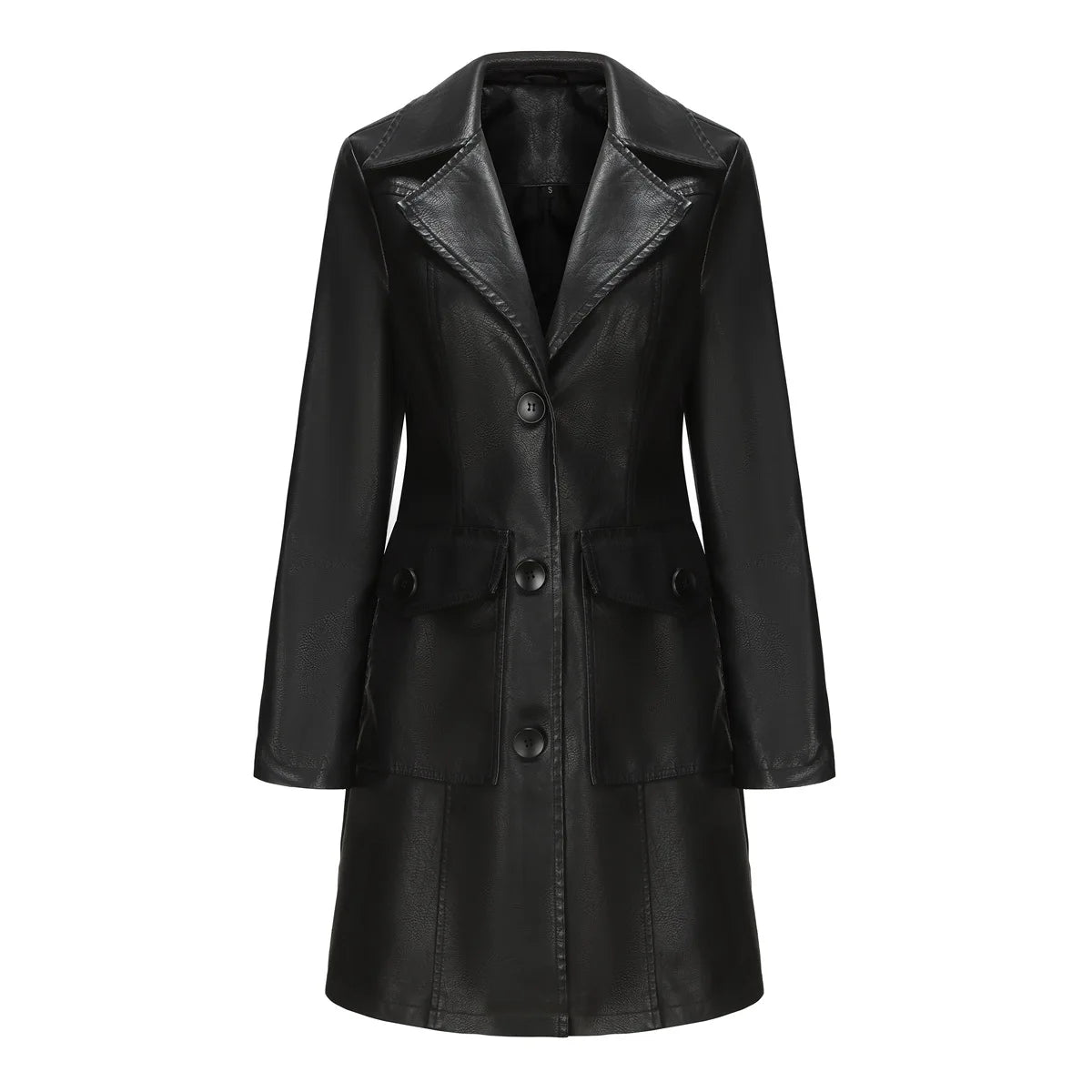 2025 New Long Leather Jacket Spring Long-sleeved Leather Trench Coat Fashionable British Jacket Women's Lapel Single-breasted