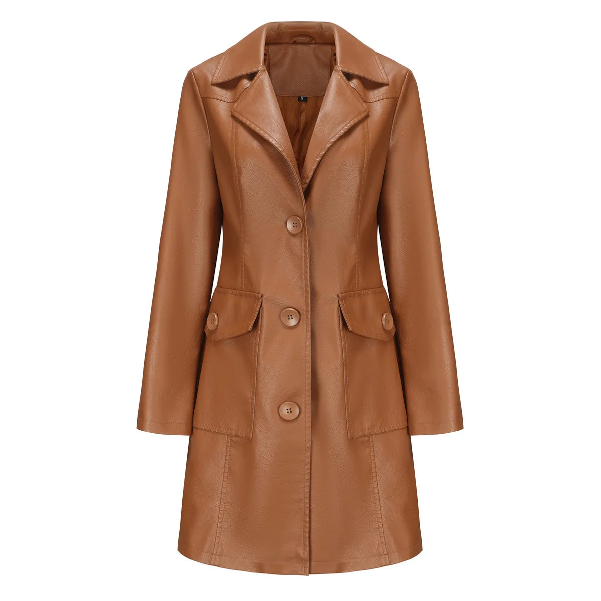 2025 New Long Leather Jacket Spring Long-sleeved Leather Trench Coat Fashionable British Jacket Women's Lapel Single-breasted