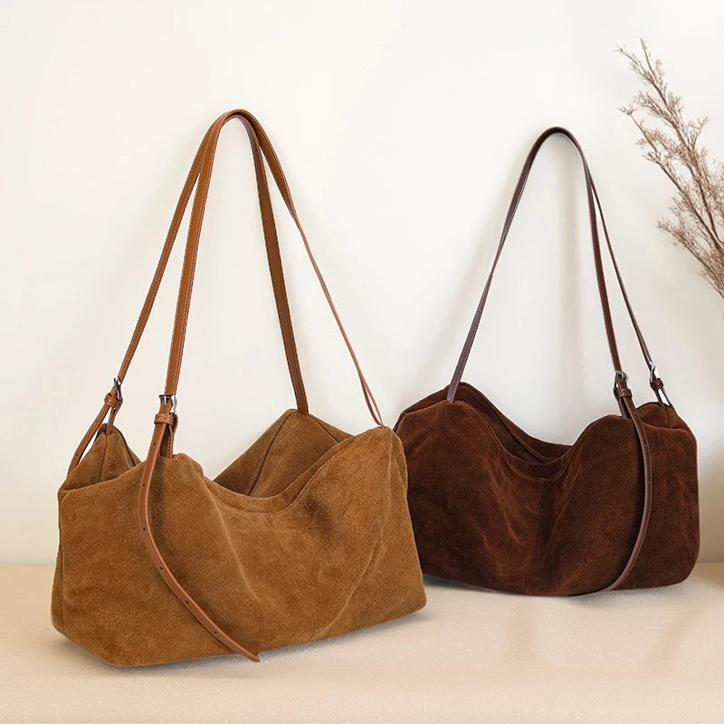 Women's Suede Cow Genuine Leather Shoulder Bags Ladies Soft Cowhide Crossbody Bag Female Design Luxury Lazy Commuting Handbag