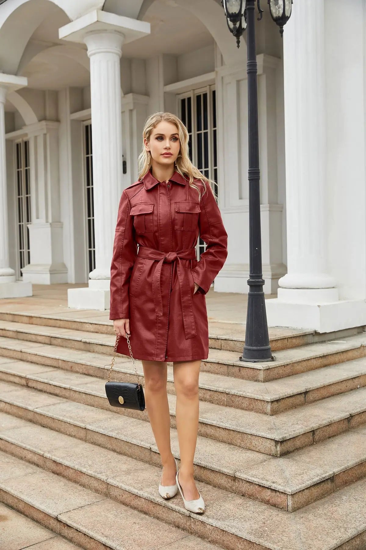 Leather Clothing Women's Fashion Solid Color Lapel Zipper Slim Long Sleeve with Belt Faux Leather Elegant Office Street Jacket