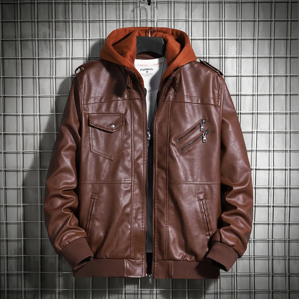 Hooded Leather Jacket Men's Jacket