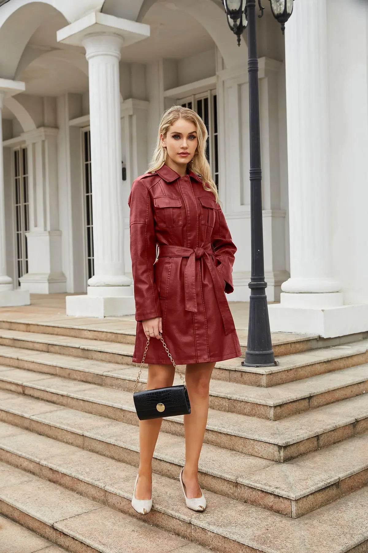 Leather Clothing Women's Fashion Solid Color Lapel Zipper Slim Long Sleeve with Belt Faux Leather Elegant Office Street Jacket