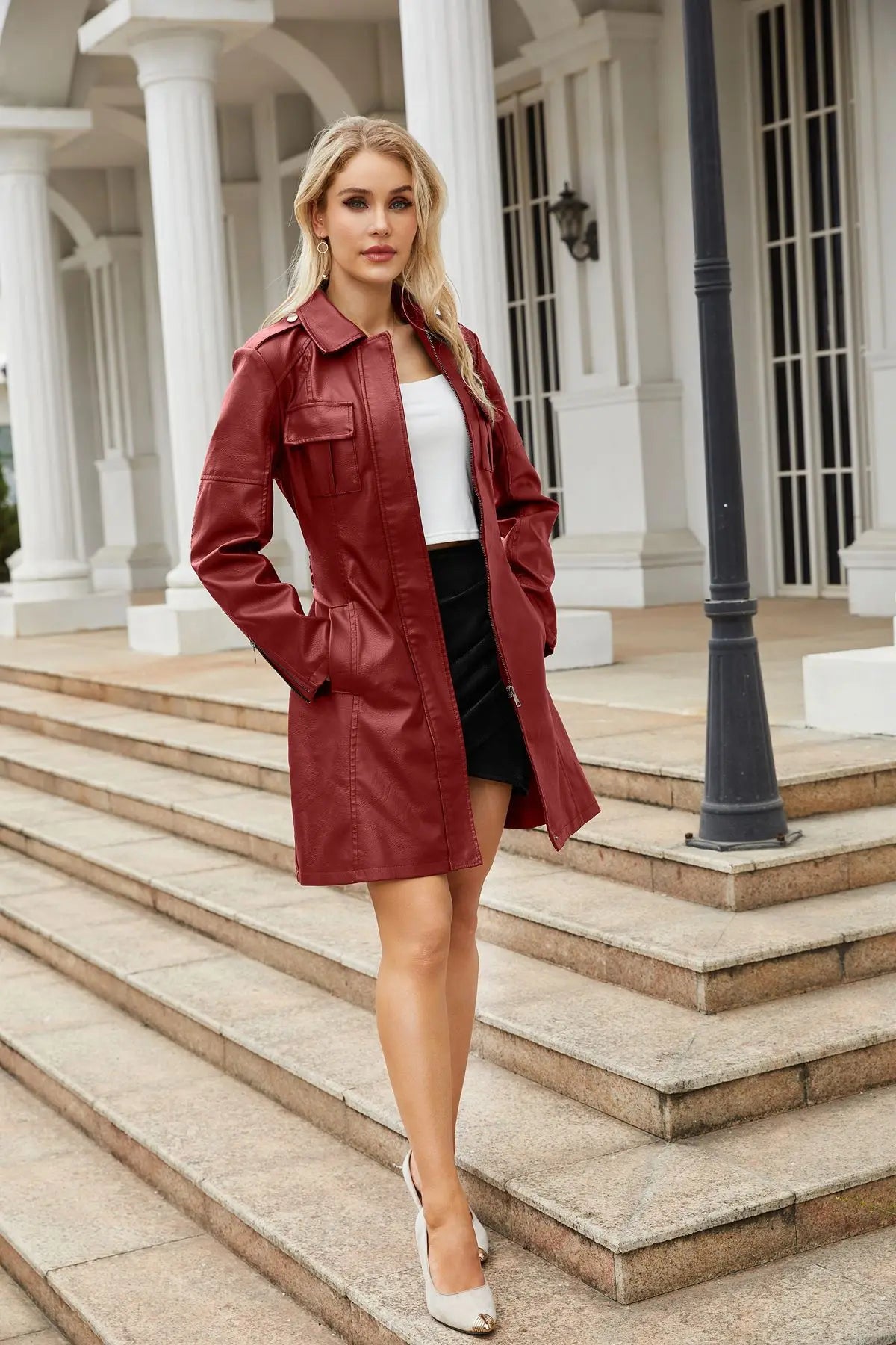 Leather Clothing Women's Fashion Solid Color Lapel Zipper Slim Long Sleeve with Belt Faux Leather Elegant Office Street Jacket