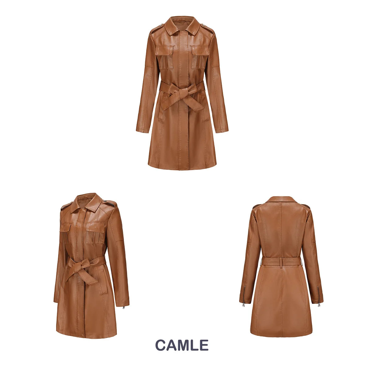 Leather Clothing Women's Fashion Solid Color Lapel Zipper Slim Long Sleeve with Belt Faux Leather Elegant Office Street Jacket