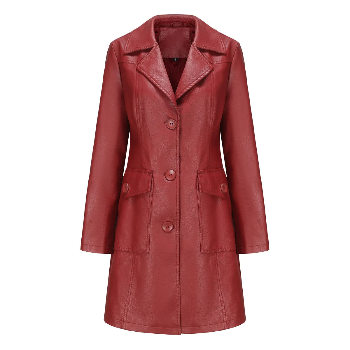 2025 New Long Leather Jacket Spring Long-sleeved Leather Trench Coat Fashionable British Jacket Women's Lapel Single-breasted