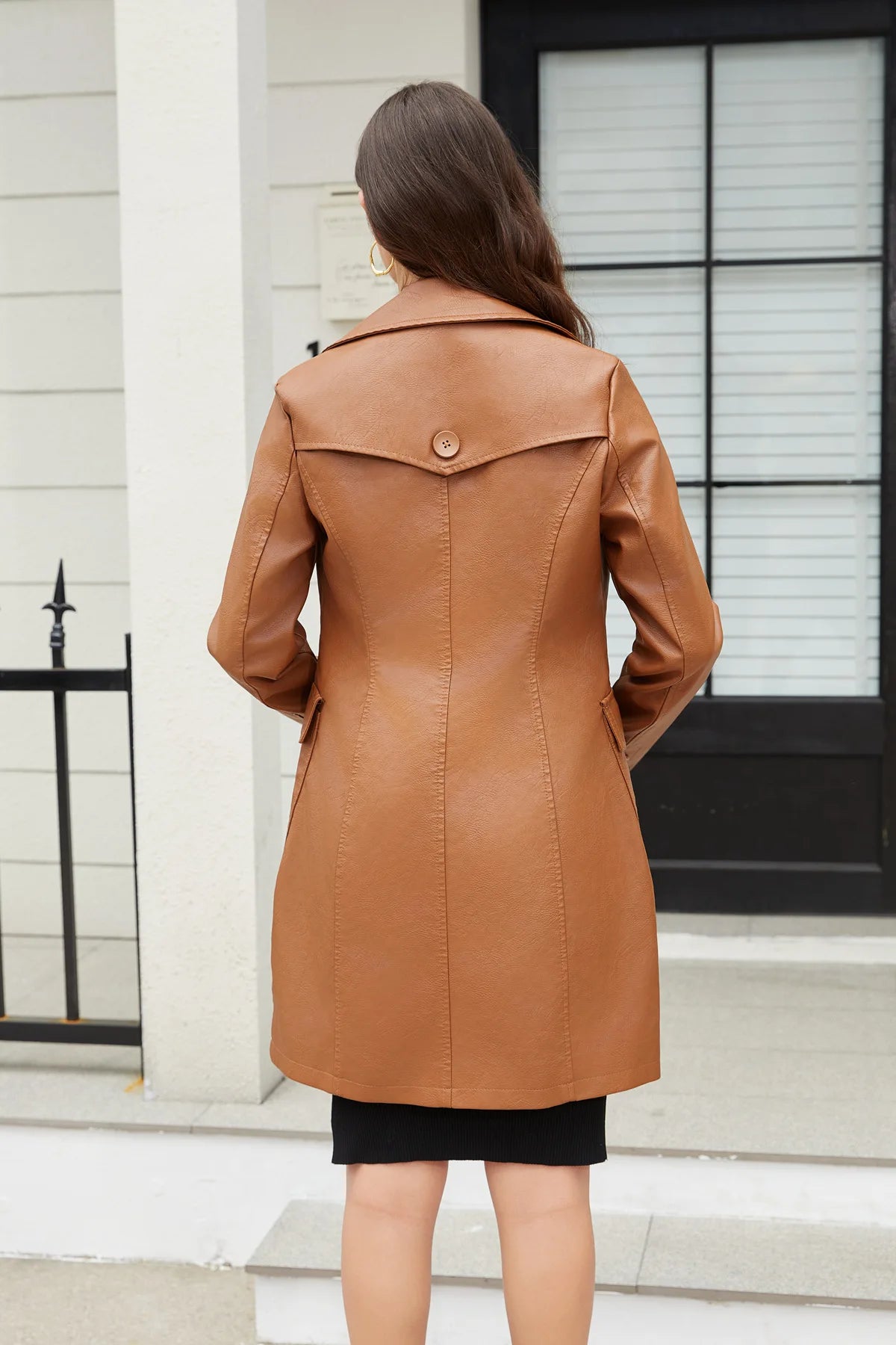 2025 New Long Leather Jacket Spring Long-sleeved Leather Trench Coat Fashionable British Jacket Women's Lapel Single-breasted