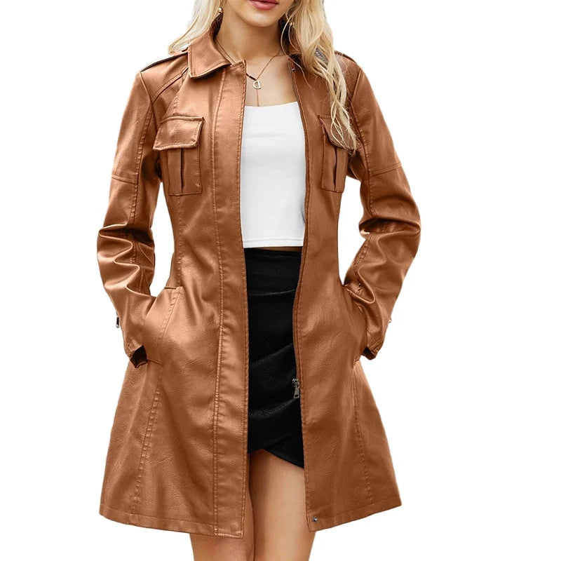 Leather Clothing Women's Fashion Solid Color Lapel Zipper Slim Long Sleeve with Belt Faux Leather Elegant Office Street Jacket