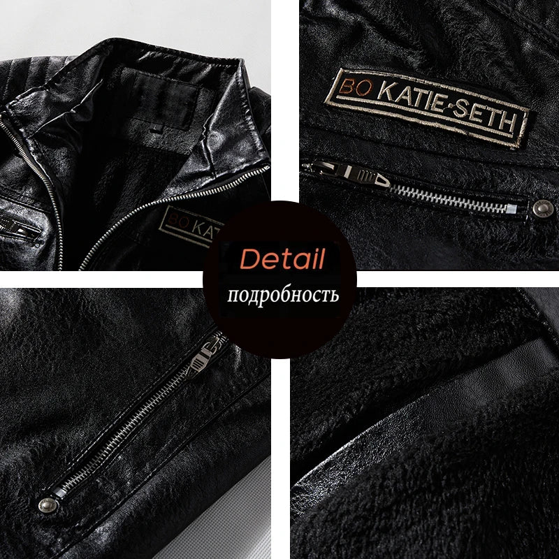 Leather Jacket Men Winter Fleece Motorcycle