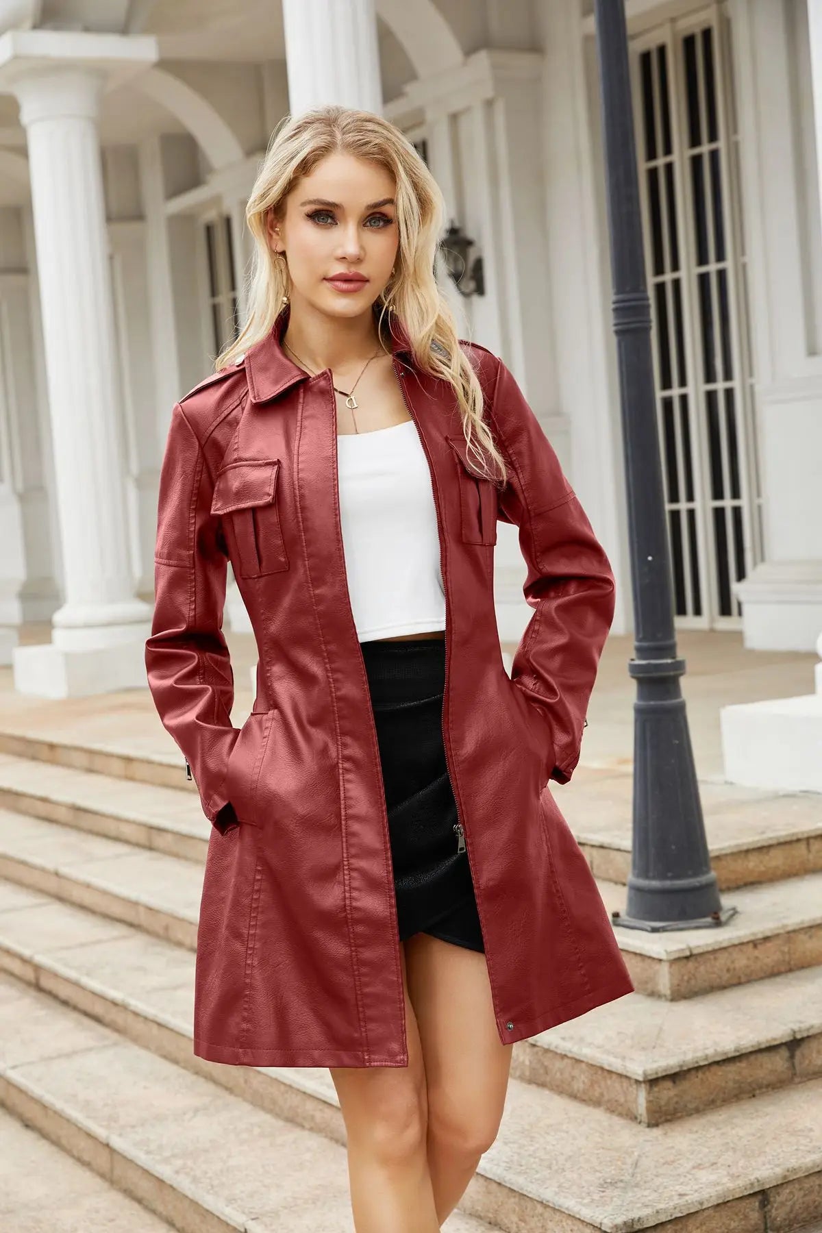 Leather Clothing Women's Fashion Solid Color Lapel Zipper Slim Long Sleeve with Belt Faux Leather Elegant Office Street Jacket
