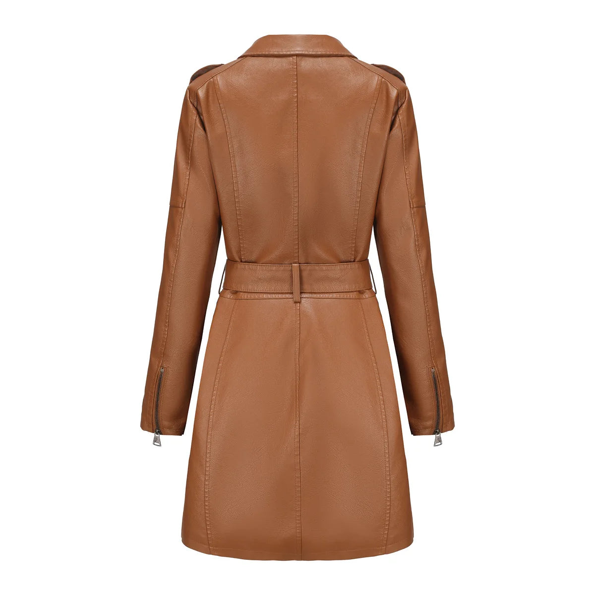 Leather Clothing Women's Fashion Solid Color Lapel Zipper Slim Long Sleeve with Belt Faux Leather Elegant Office Street Jacket