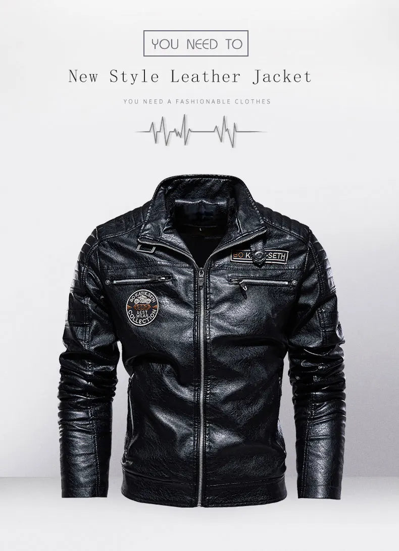 Leather Jacket Men Winter Fleece Motorcycle