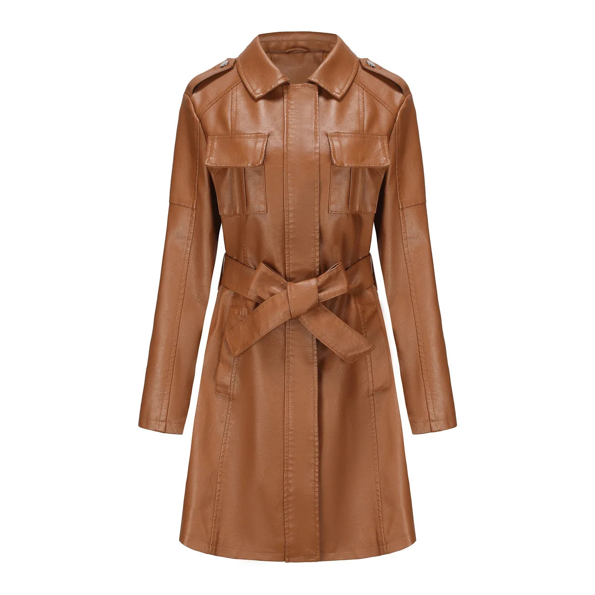 Leather Clothing Women's Fashion Solid Color Lapel Zipper Slim Long Sleeve with Belt Faux Leather Elegant Office Street Jacket
