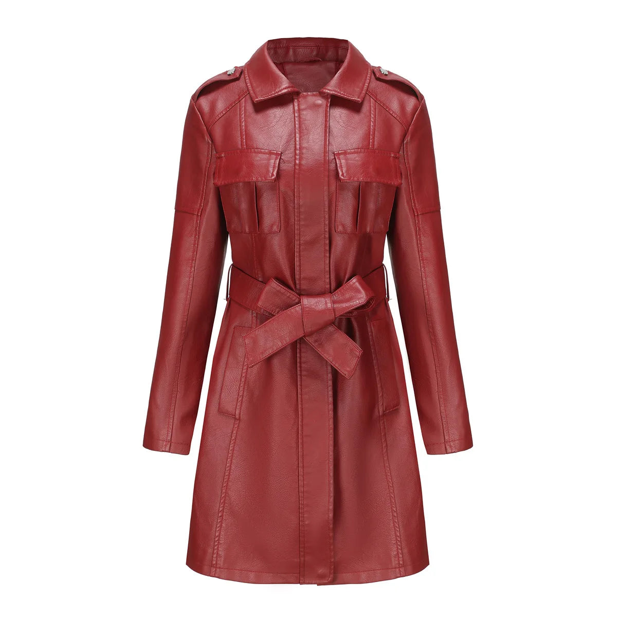 Leather Clothing Women's Fashion Solid Color Lapel Zipper Slim Long Sleeve with Belt Faux Leather Elegant Office Street Jacket