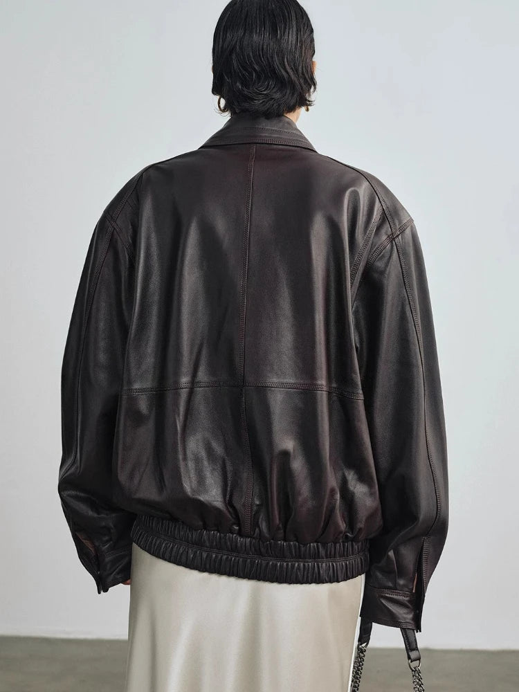 Vintage Genuine Leather Motorcycle Jackets for Women Spring Autumn 2026 New High-end Solid Simple Loose Soft Real Sheepskin Coat