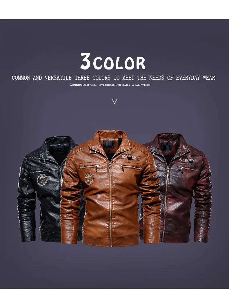 Leather Jacket Men Winter Fleece Motorcycle