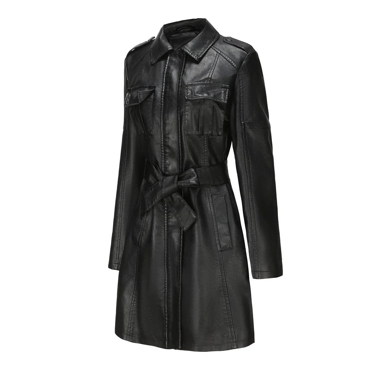 Leather Clothing Women's Fashion Solid Color Lapel Zipper Slim Long Sleeve with Belt Faux Leather Elegant Office Street Jacket