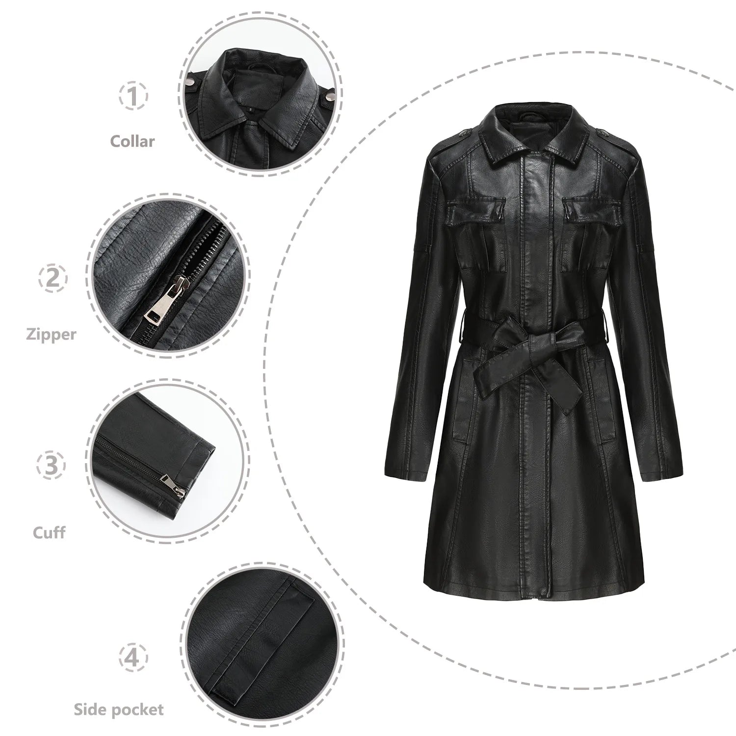 Leather Clothing Women's Fashion Solid Color Lapel Zipper Slim Long Sleeve with Belt Faux Leather Elegant Office Street Jacket